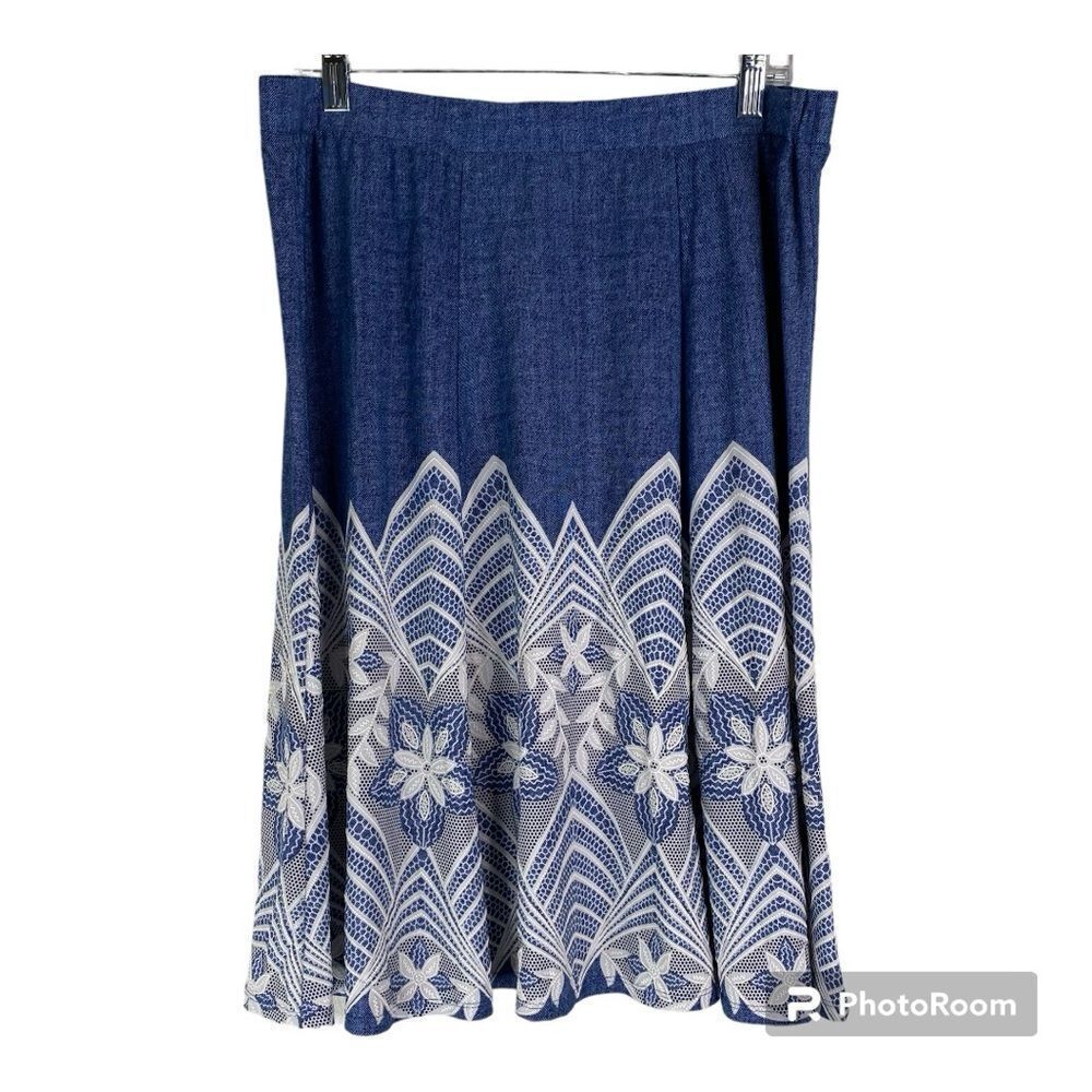 Sami & Jo Blue White A Line Midi Pull On Stretch Denim Embroidered Floral Skirt